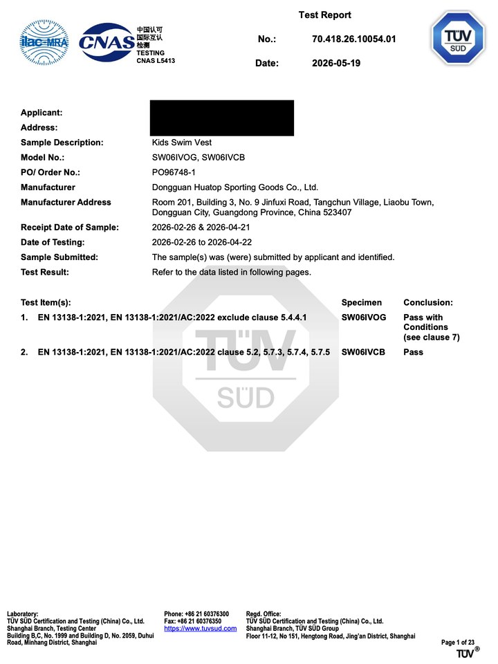 EN13138 test report for kids swim vest