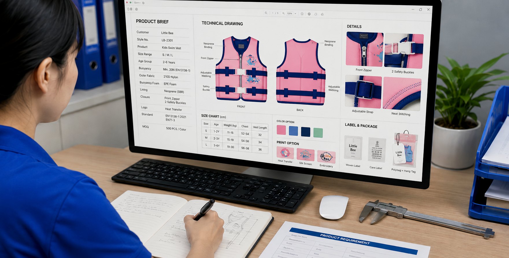 Huatop team reviewing product brief and technical drawing for a kids swim vest