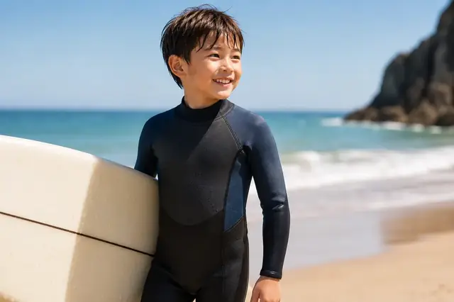 Child wearing custom neoprene wetsuit