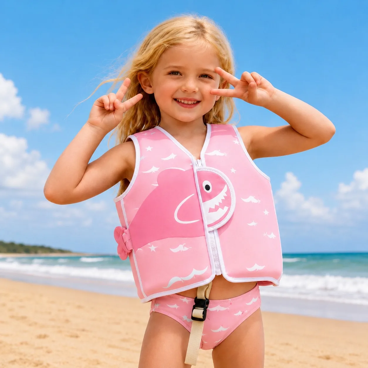 HV206 front patch design kids swim vest with pink shark artwork