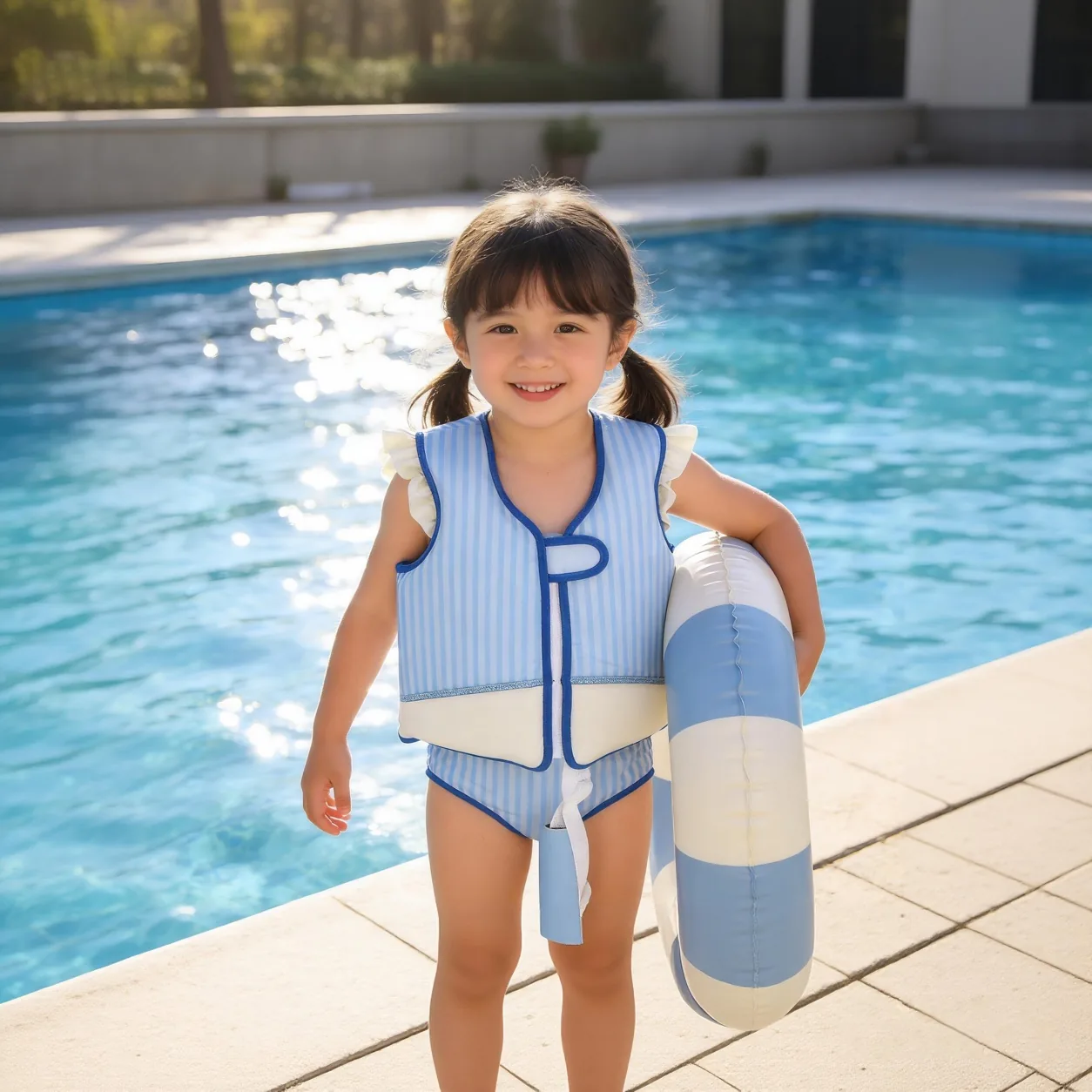 HXP112 kids swim vest with ruffle sleeves in a pool setting