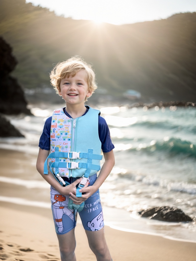 Child wearing a custom kids swim vest on the beach