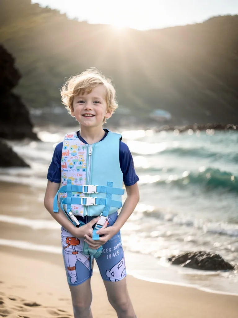 Child wearing a custom kids swim vest on the beach