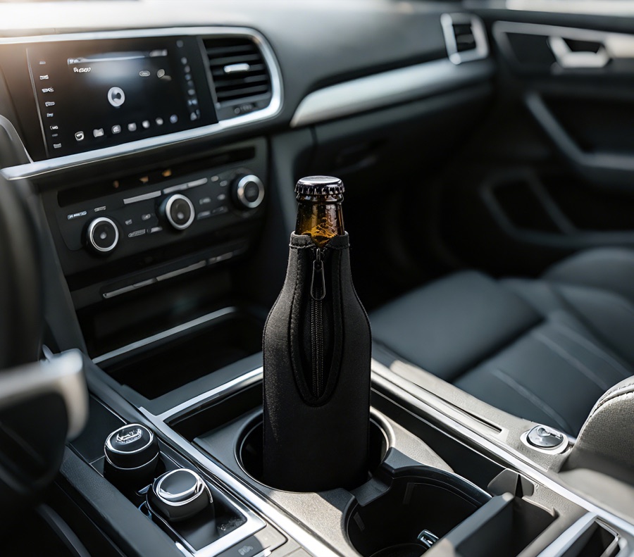 Black neoprene bottle carrier in a car cup holder