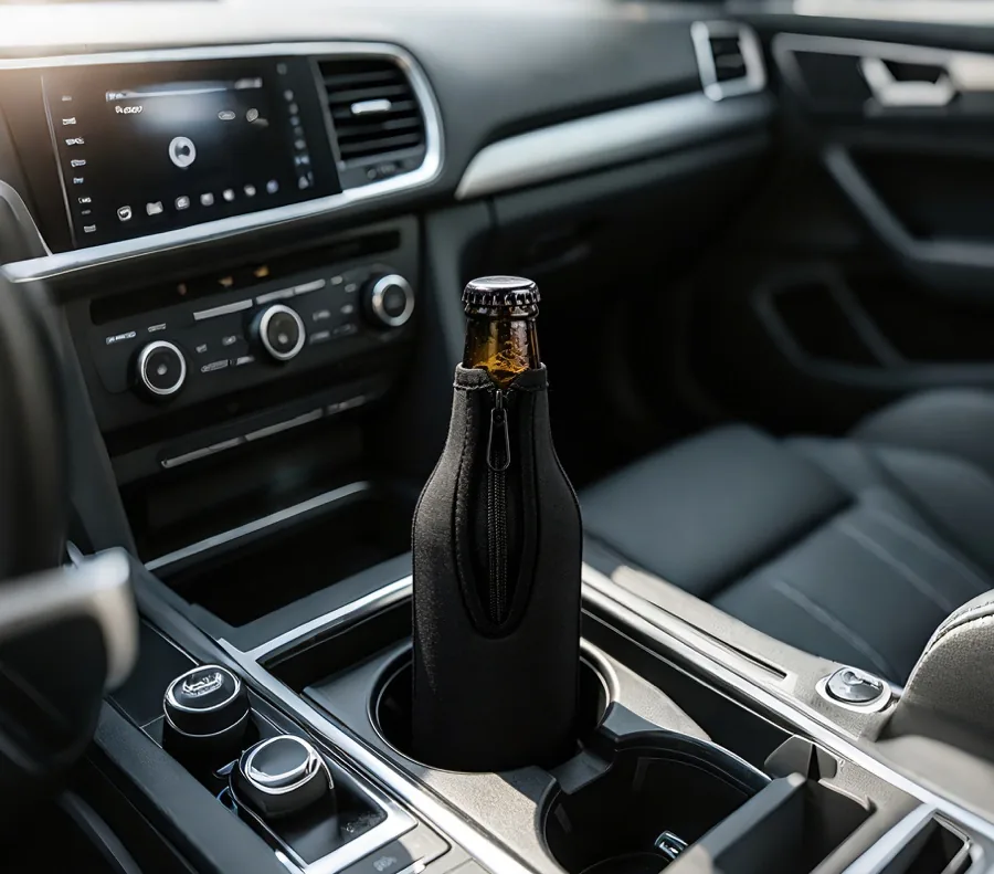 Black neoprene bottle carrier in a car cup holder