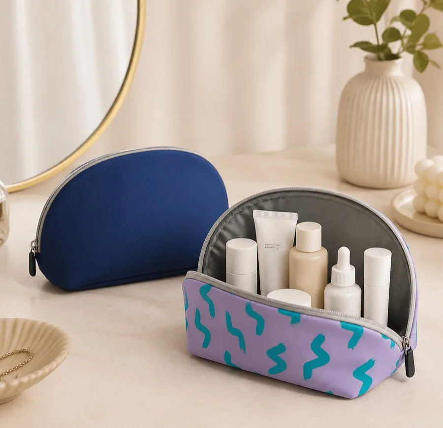 Neoprene cosmetic pouch with skincare bottles
