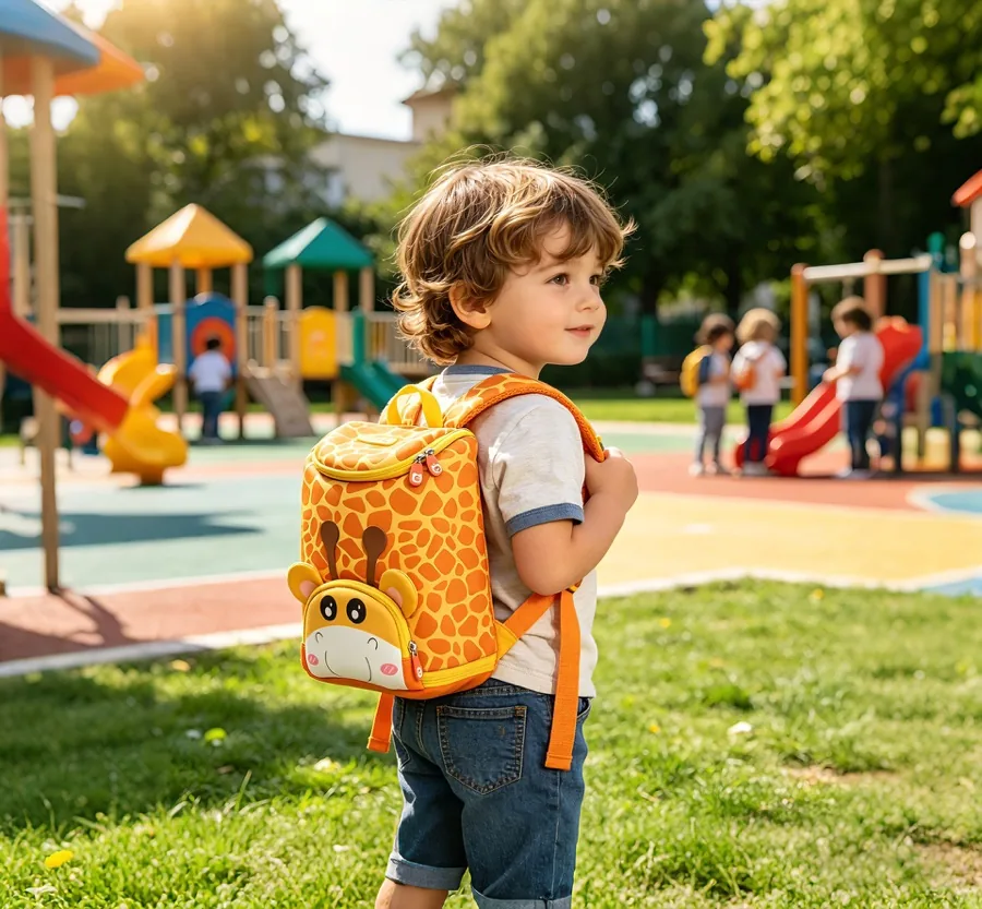 Child wearing a giraffe style neoprene kids backpack at a playground