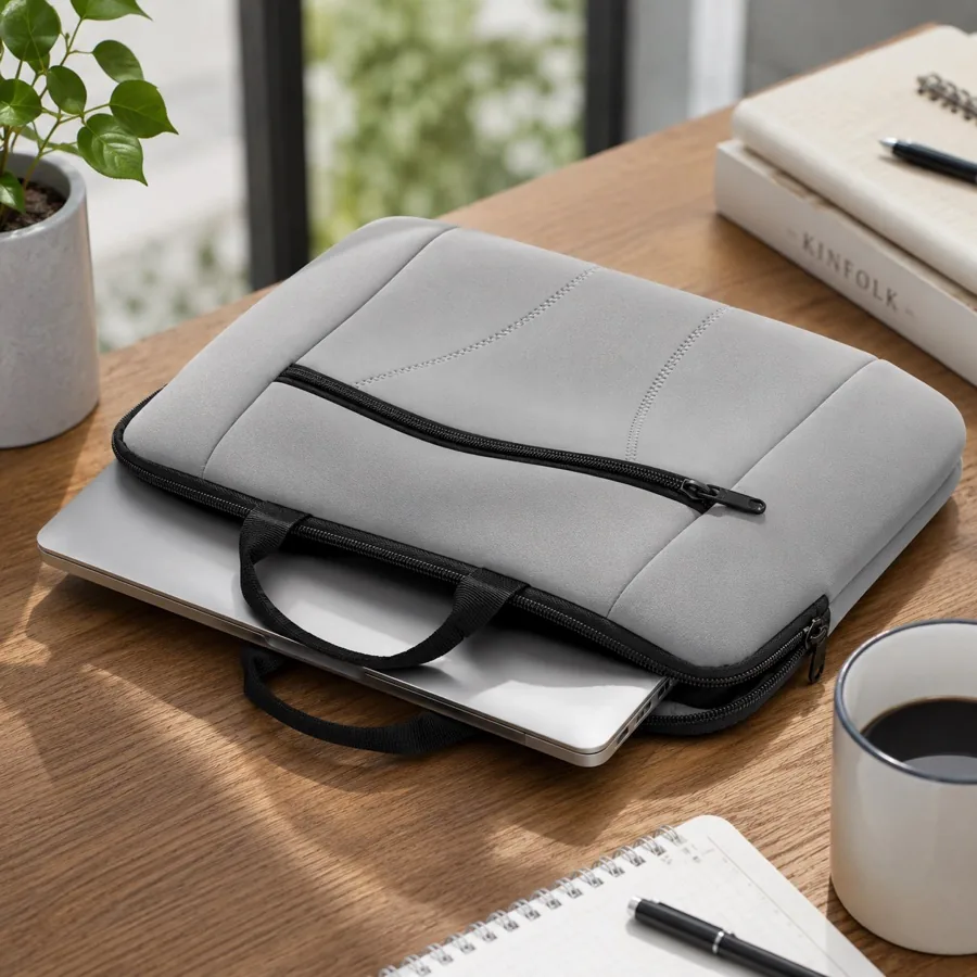 Gray neoprene laptop sleeve with zipper and carry handles