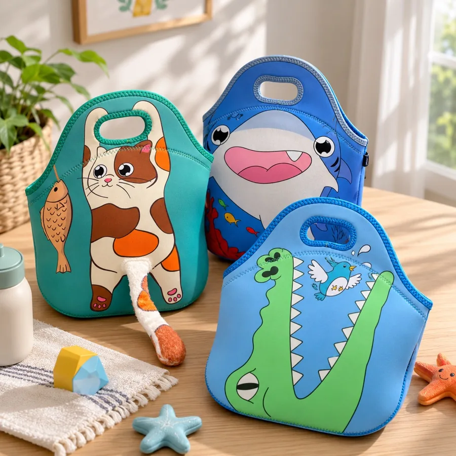 Colorful kids neoprene lunch bags with animal prints