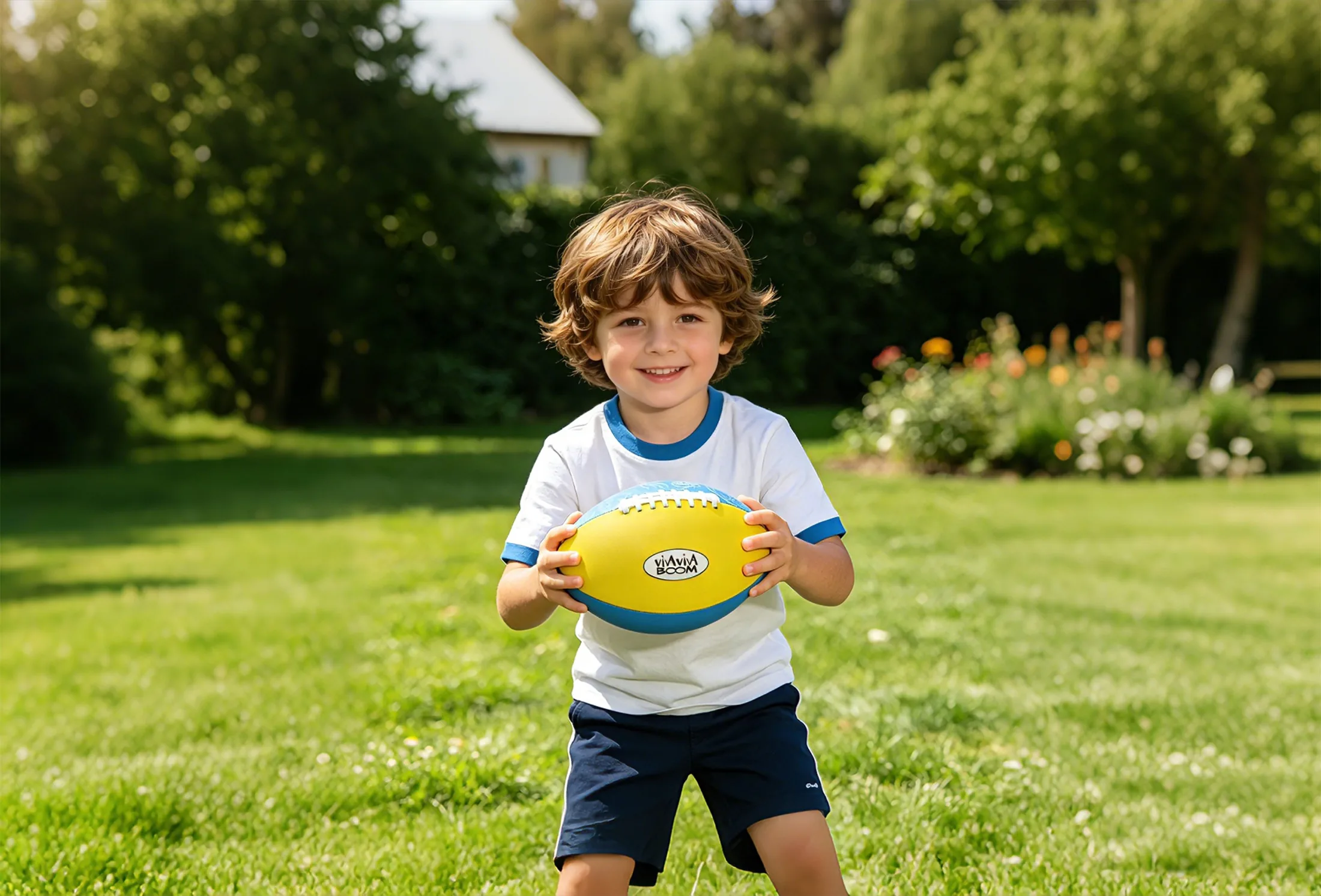 Child holding a neoprene American football outdoors