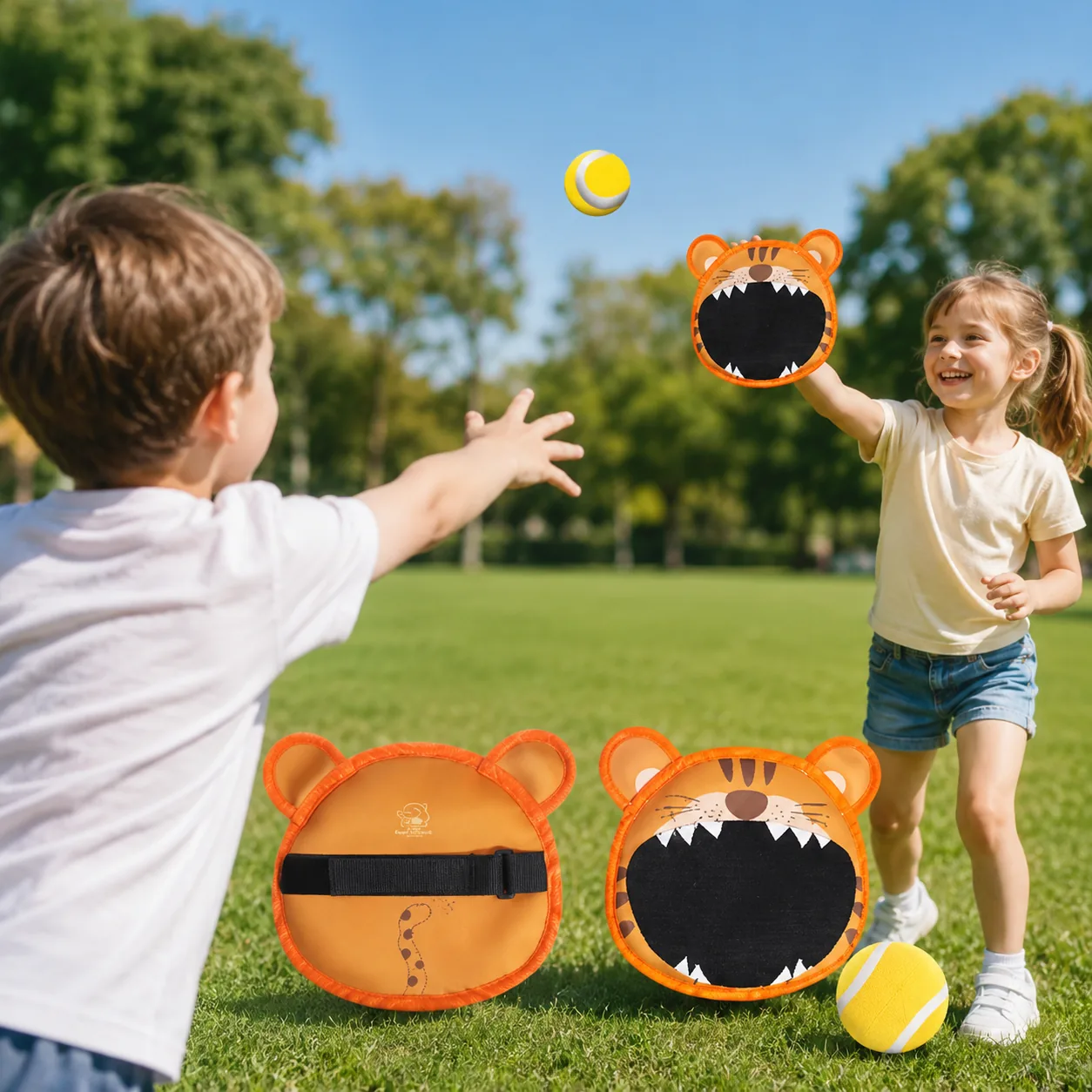 Animal catch set with tiger-shaped paddle and ball