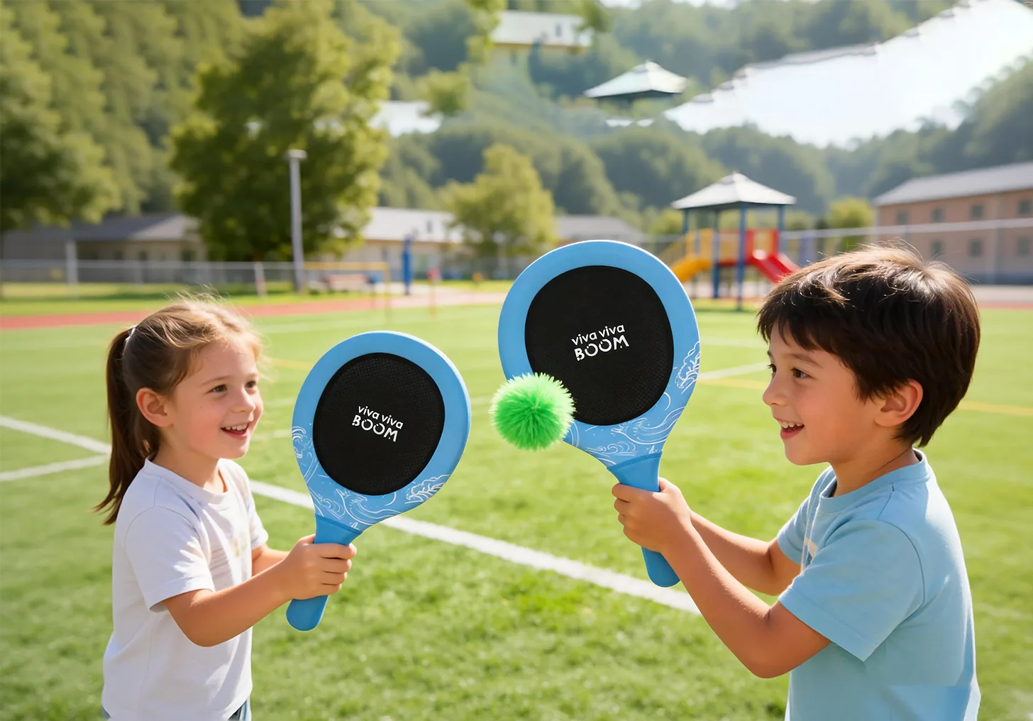 Stretch mesh style neoprene beach racket set in outdoor play