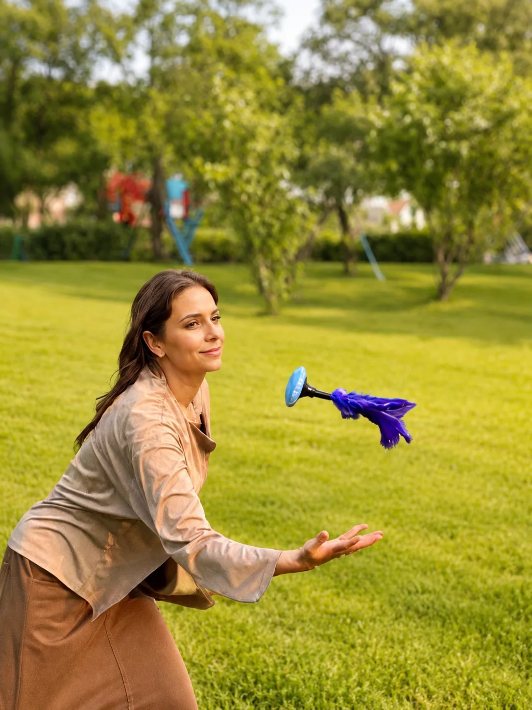 Neo shuttlecock tossed outdoors in a grass park