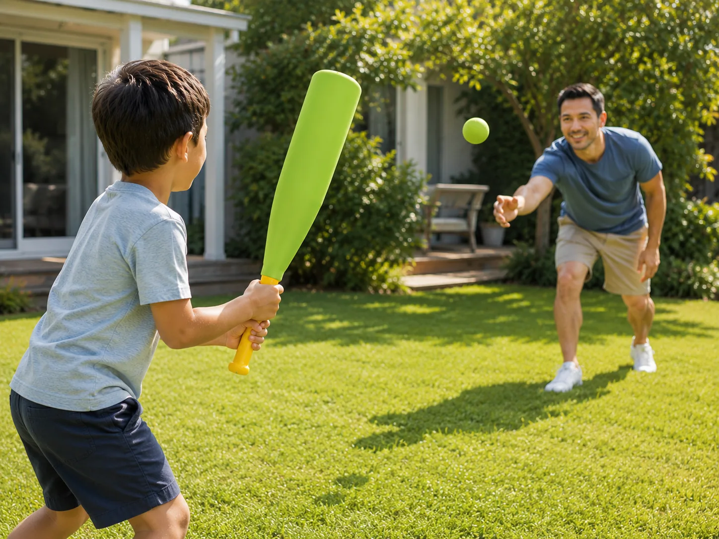 Child playing with a neoprene baseball bat and ball set outdoors