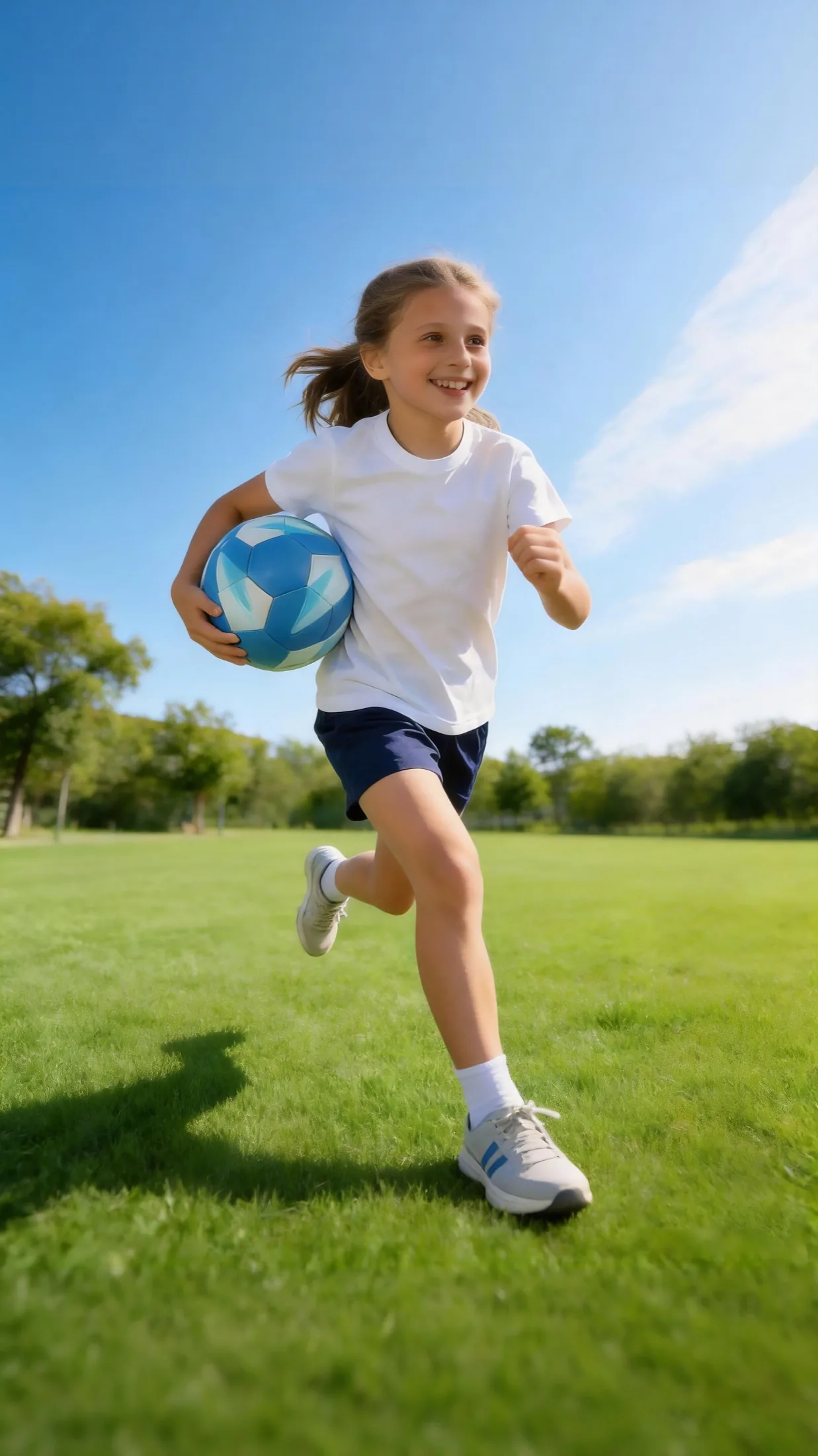 Child running with a neoprene football outdoors