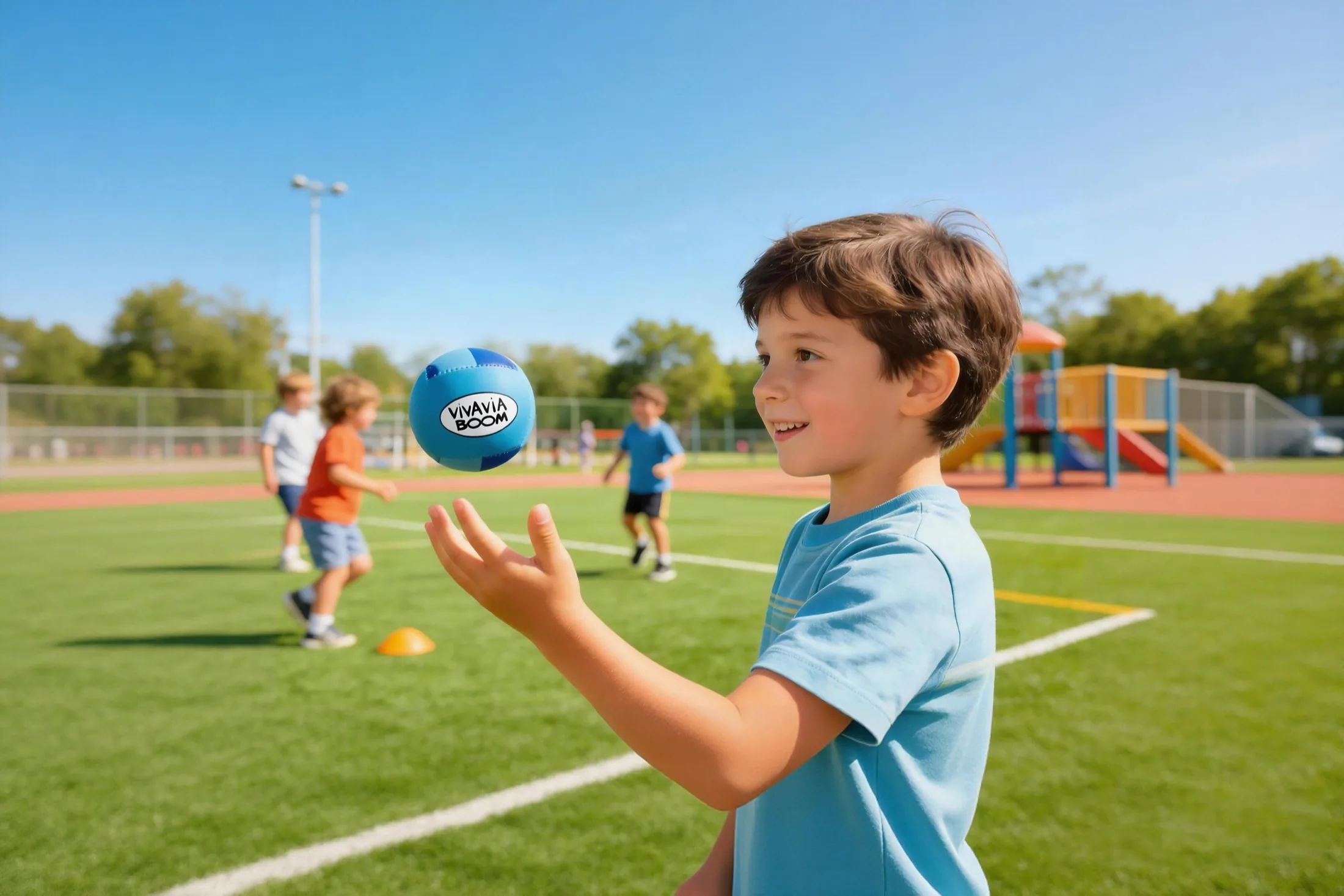 Child tossing a compact round neoprene ball outdoors