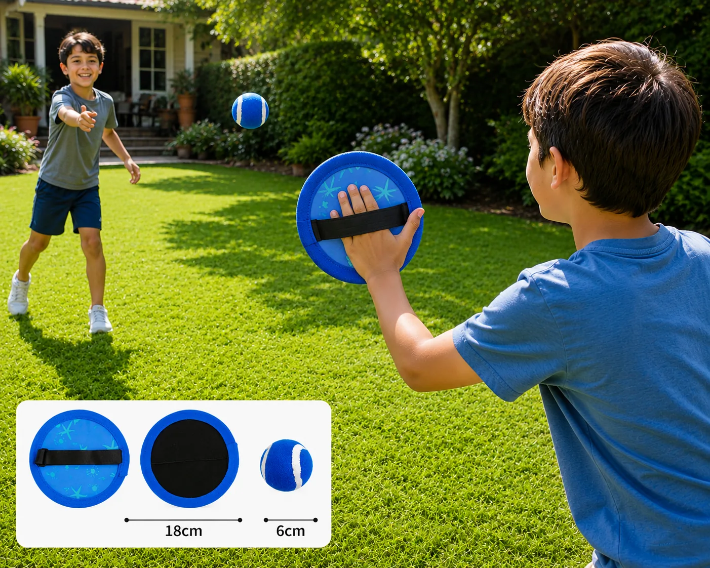 Round catch set with blue paddles and ball outdoors