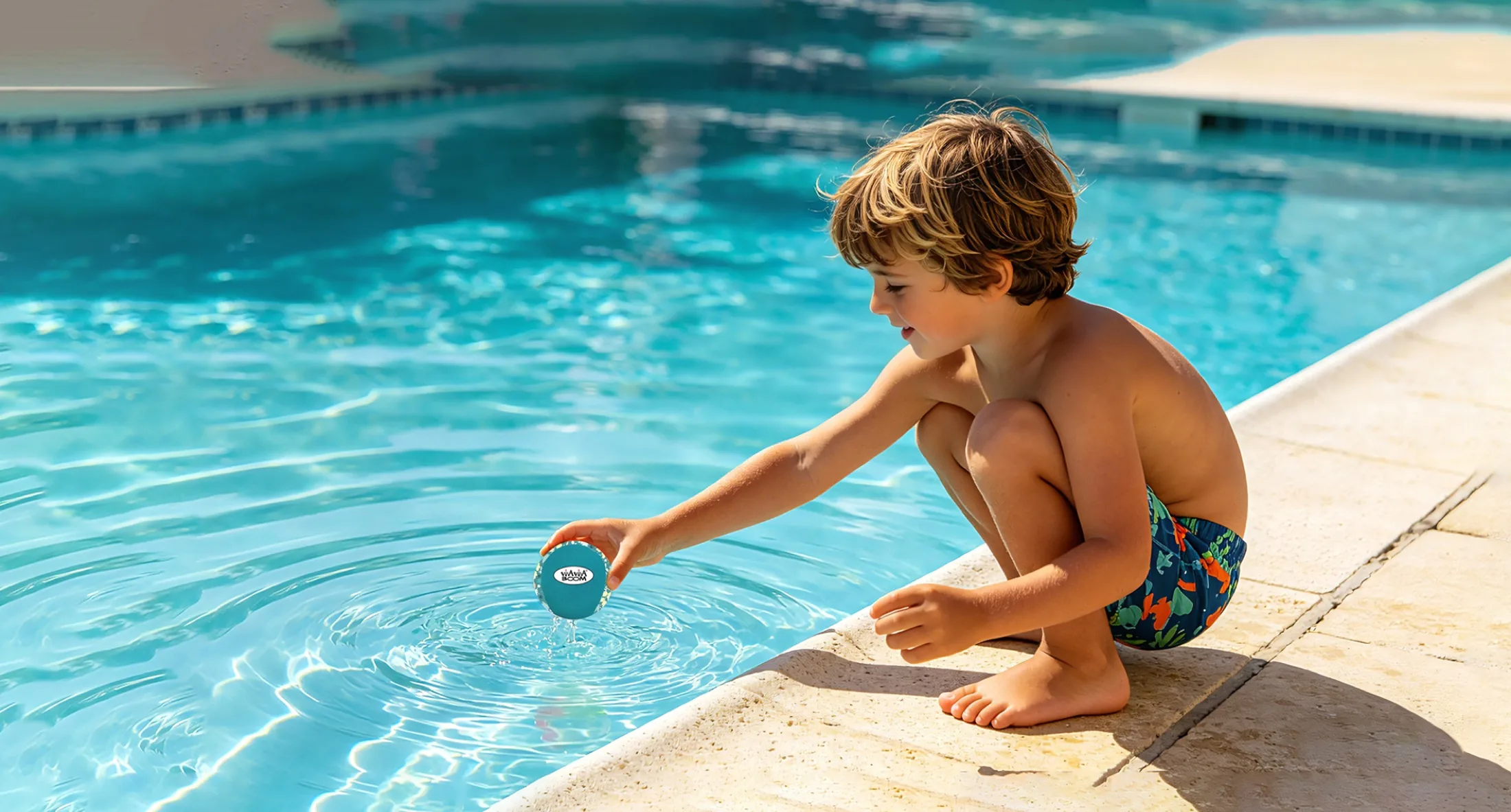 Child playing with a neoprene water skipping ball at the pool
