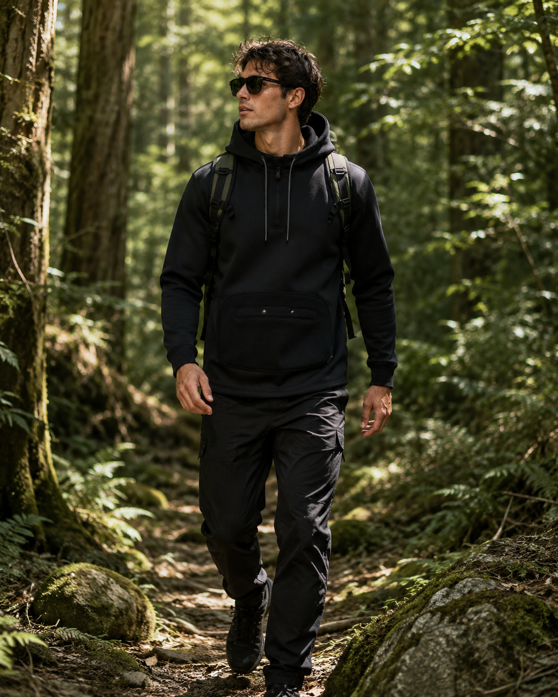 Black neoprene hoodie worn outdoors on a forest trail
