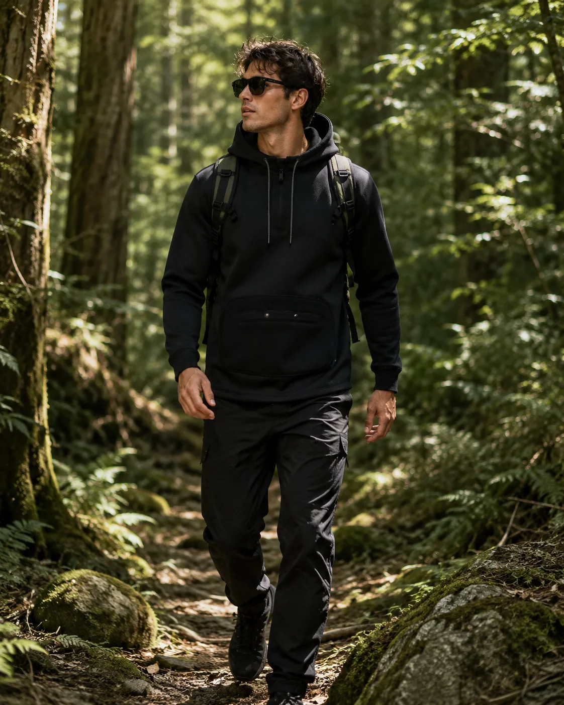 Black neoprene hoodie worn outdoors on a forest trail