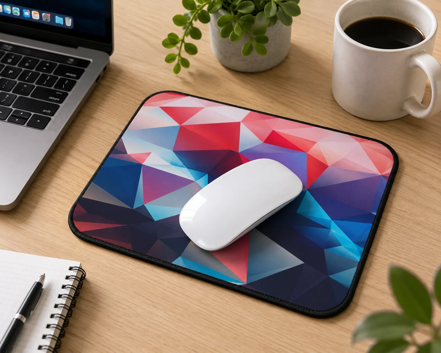 Printed neoprene mouse pad on a desk with laptop and coffee