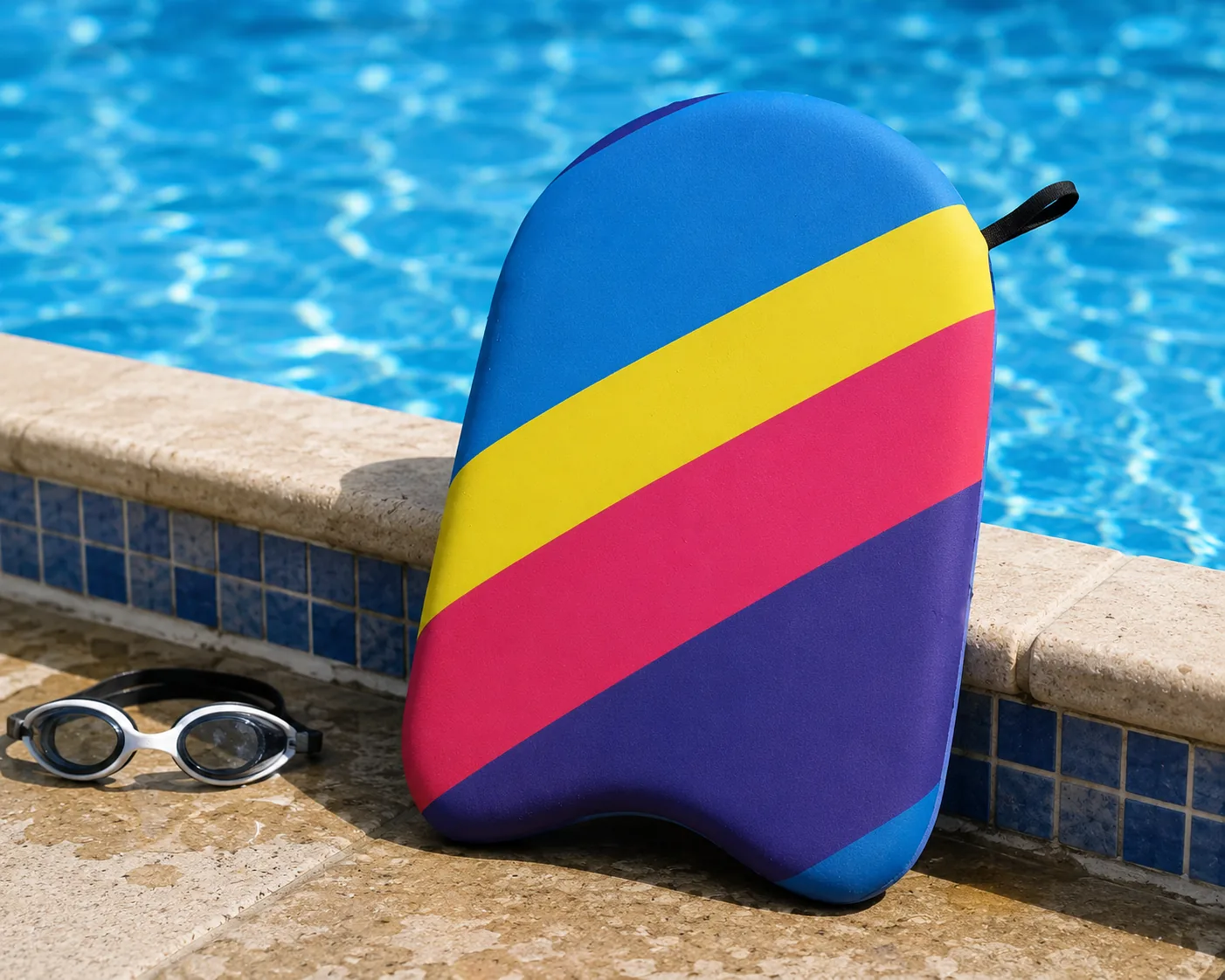 Colorful neoprene pool training board by a swimming pool