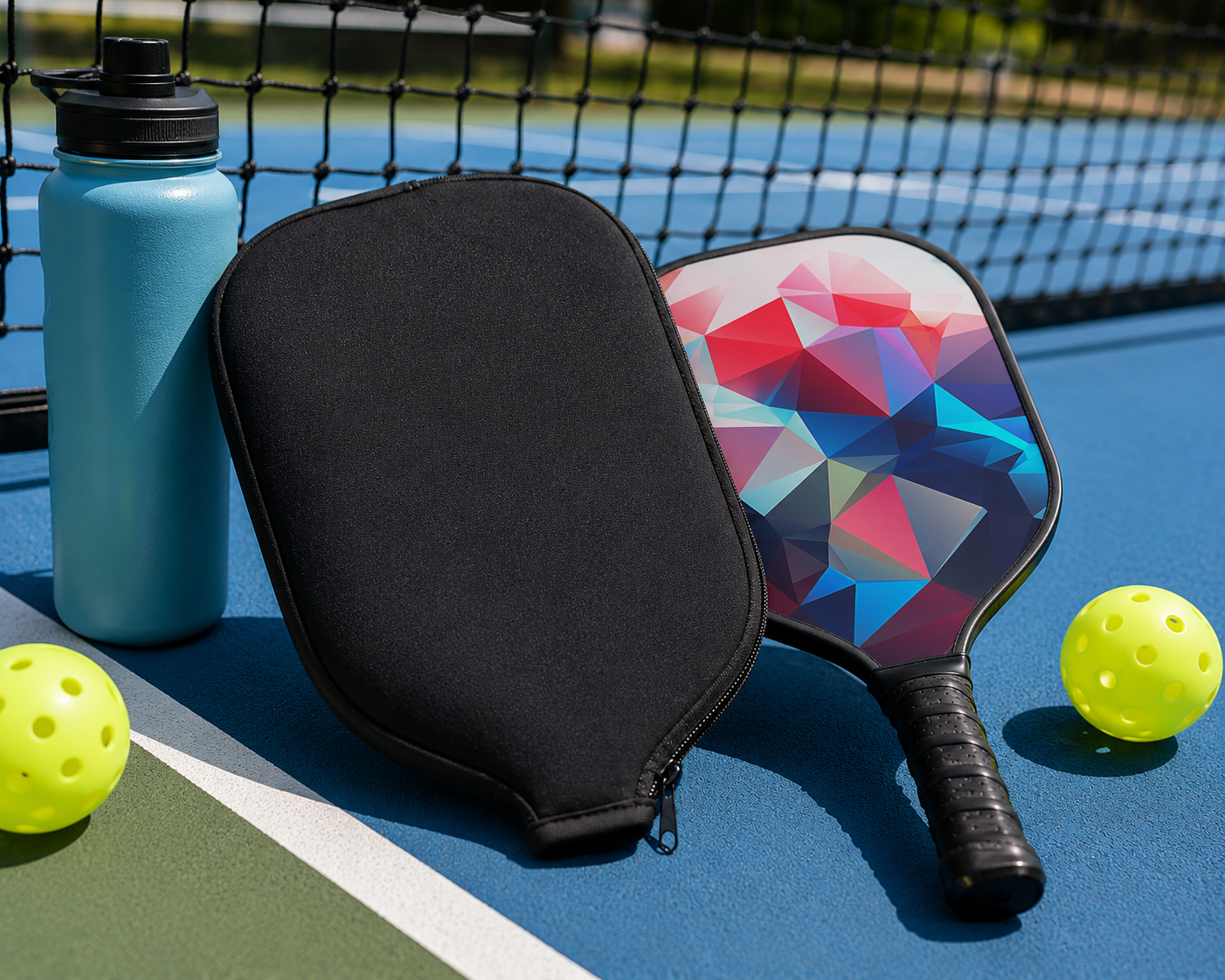 Neoprene pickleball paddle cover beside a paddle on court