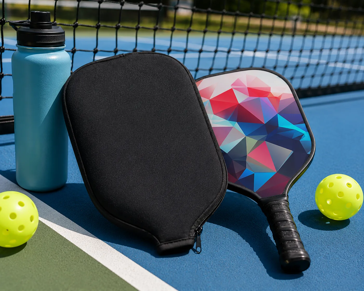Neoprene pickleball paddle cover beside a paddle on court