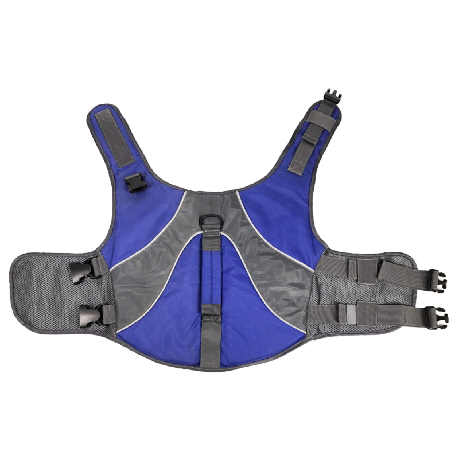 Flat lay blue adjustable dog life jacket with straps and buckles