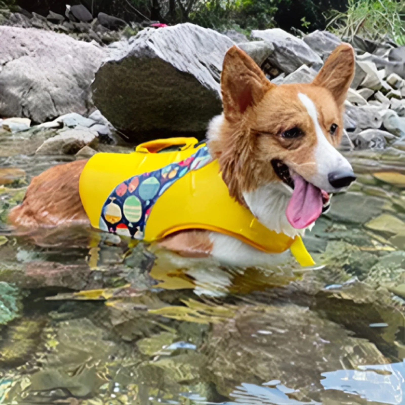Corgi wearing a yellow dog buoyancy vest in shallow water