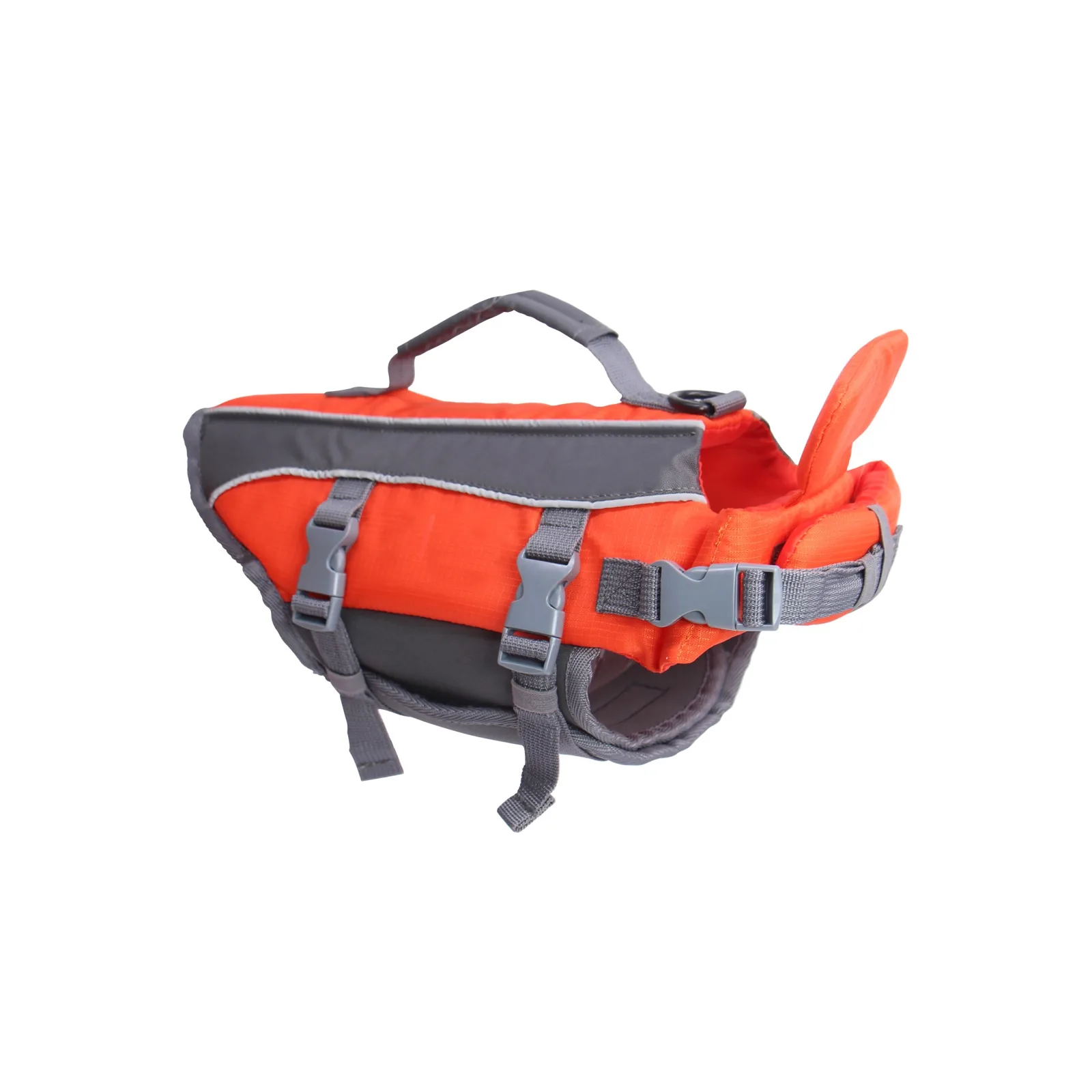 Orange dog life jacket product sample with side buckles