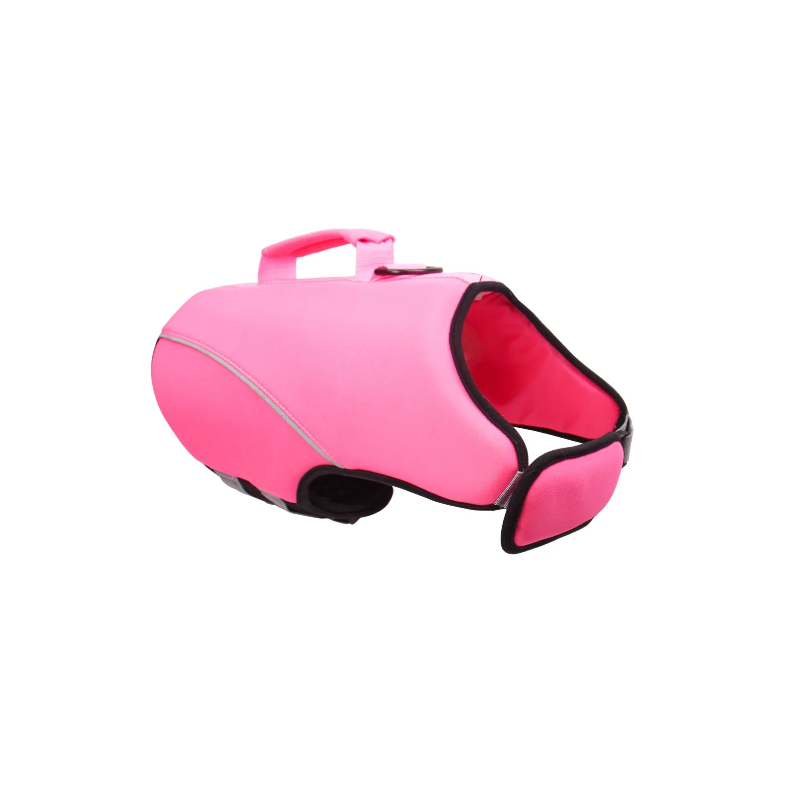Pink dog life jacket product sample on white background