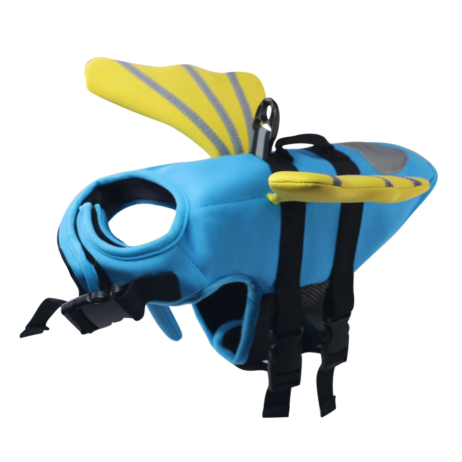 Blue shark fin dog life jacket product sample