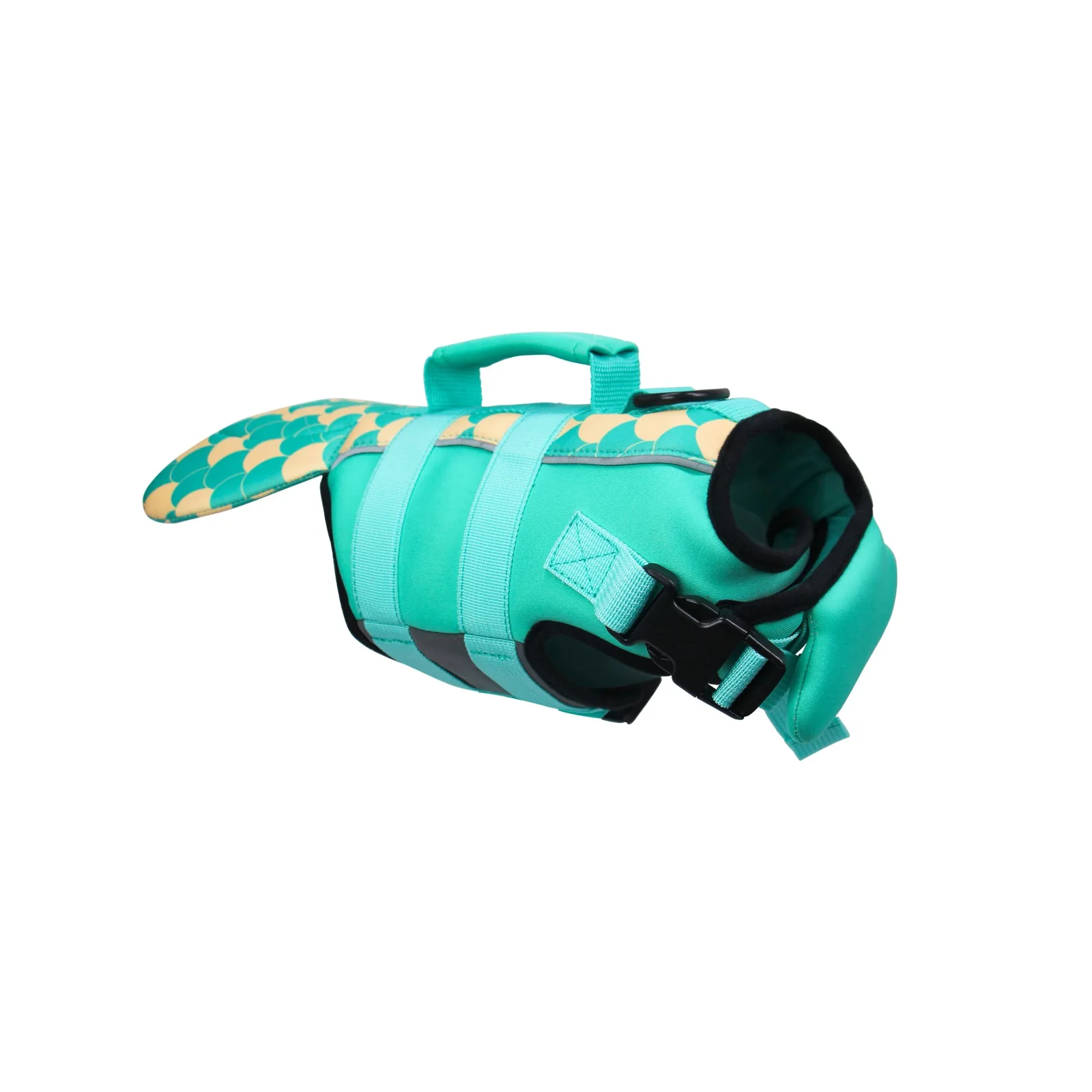 Teal mermaid tail dog life jacket product sample