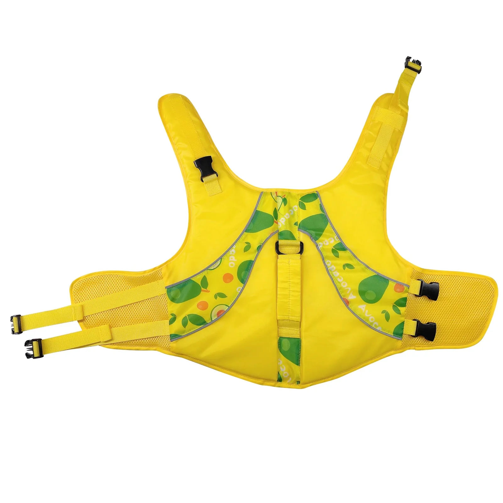 Yellow avocado print dog life jacket flat layout