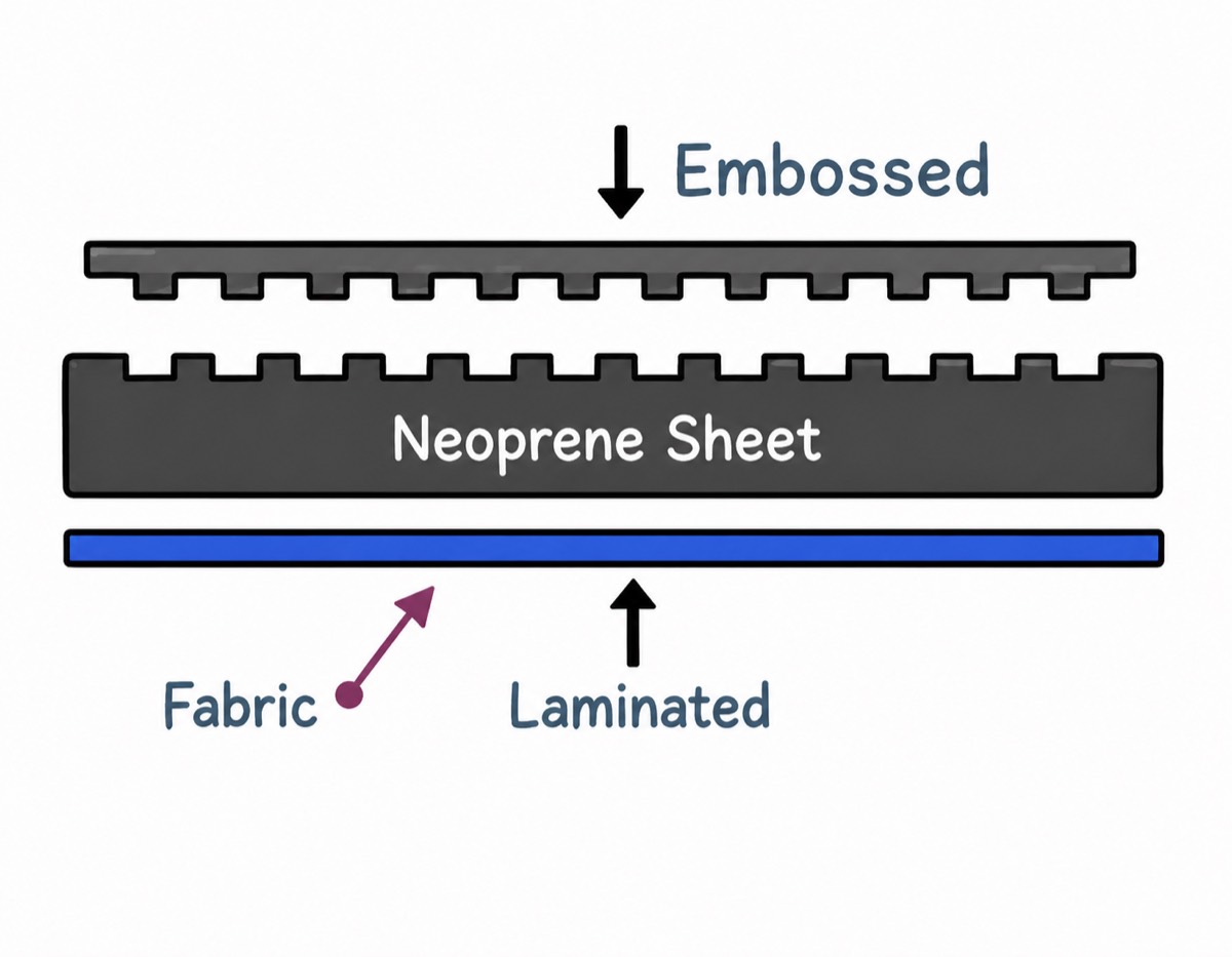 Embossed neoprene sheet surface finishing